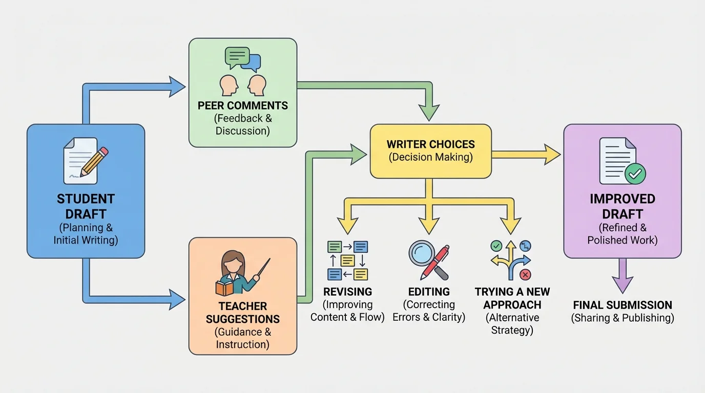 flowchart showing student draft, peer comments, teacher suggestions, writer choices, and improved draft