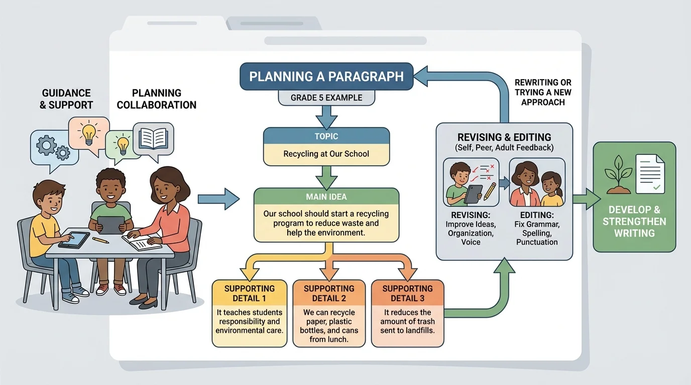 flowchart showing a grade 5 student planning a paragraph with topic, main idea, and three supporting details