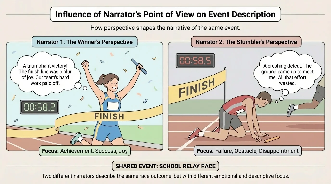school relay race with one runner smiling proudly after finishing and another runner looking disappointed after stumbling, showing two perspectives on the same event