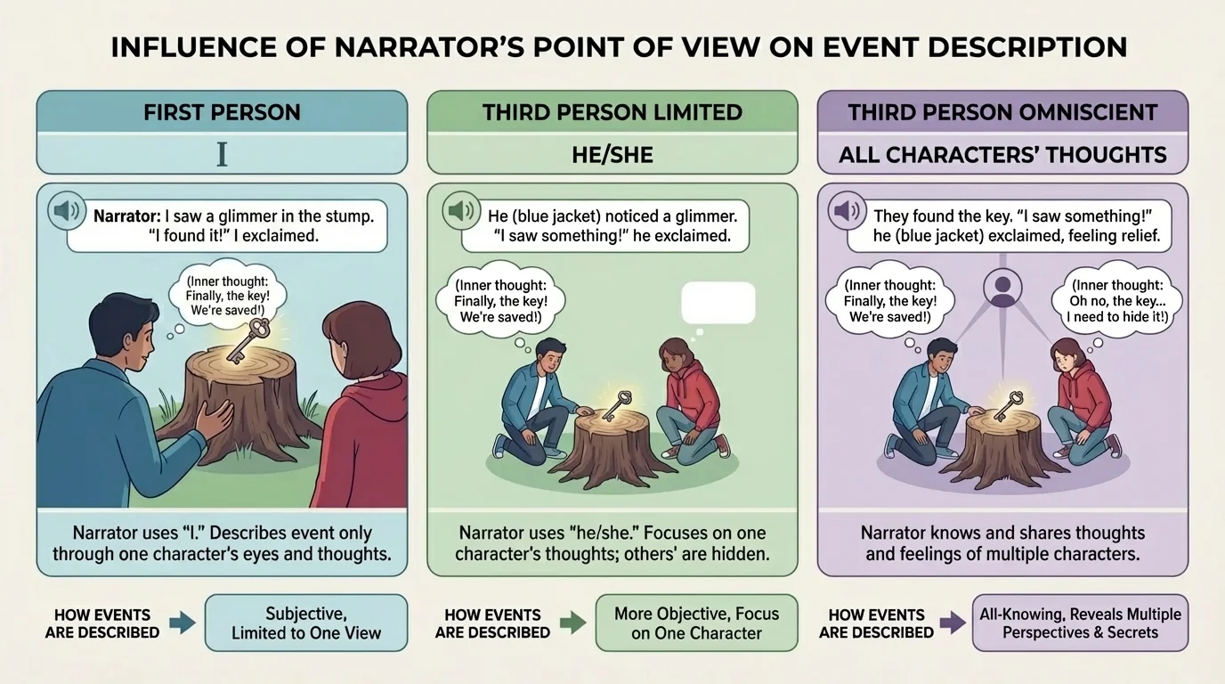 comparison chart showing one event described from first person, third person limited, and third person omniscient, with concise labels "I," "he/she," and "all characters' thoughts"