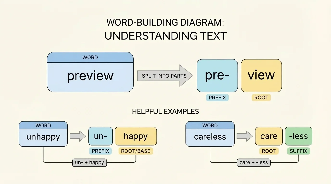 Word-building diagram showing preview split into pre and view, and helpful examples with unhappy and careless labeled by word parts