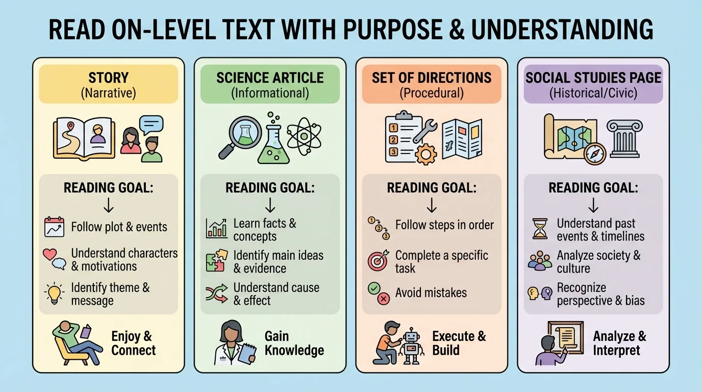 Chart comparing a story, science article, set of directions, and social studies page with different reading goals for each