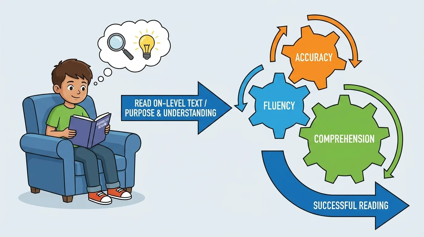 Three connected gears labeled accuracy, fluency, and comprehension turning together while a student reads a book