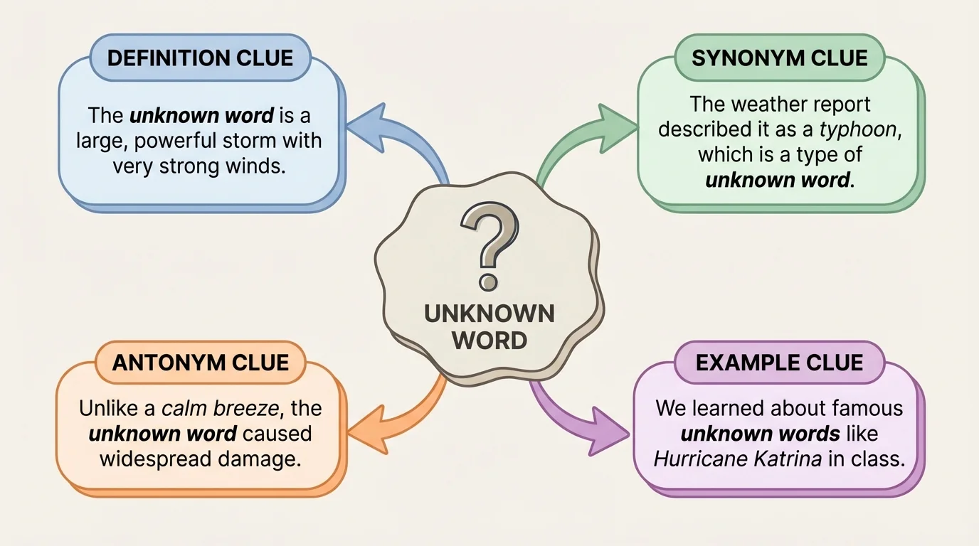 Four sentence bubbles labeled definition clue, synonym clue, antonym clue, and example clue around a central unknown word
