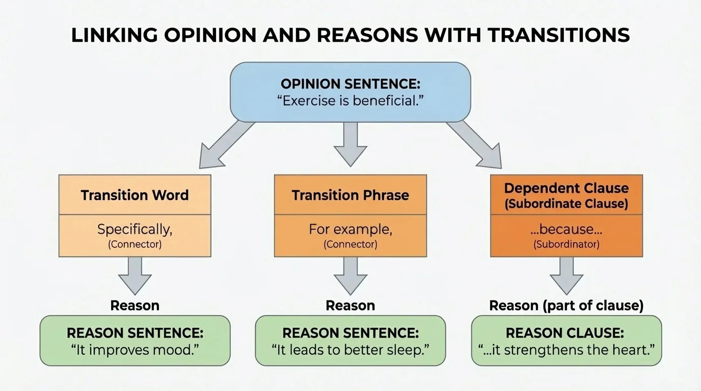 Flowchart comparing one opinion sentence linked with a transition word, a transition phrase, and a dependent clause