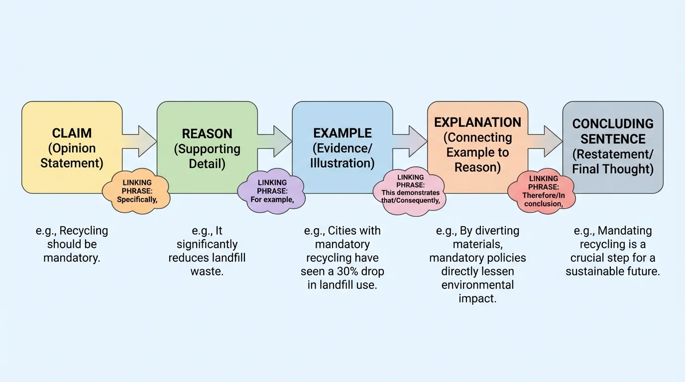 Flowchart showing an opinion paragraph moving from claim to reason to example to explanation to concluding sentence