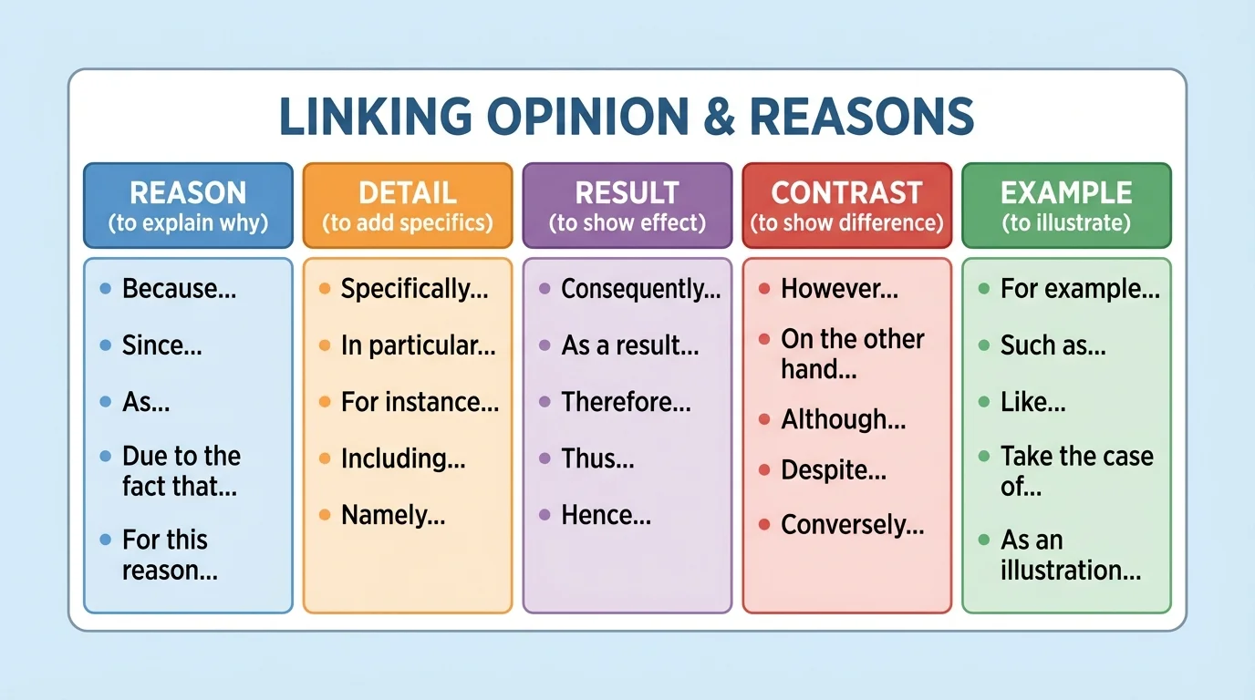 Chart grouping opinion-linking words into reason, detail, result, contrast, and example categories with short sample sentence starters