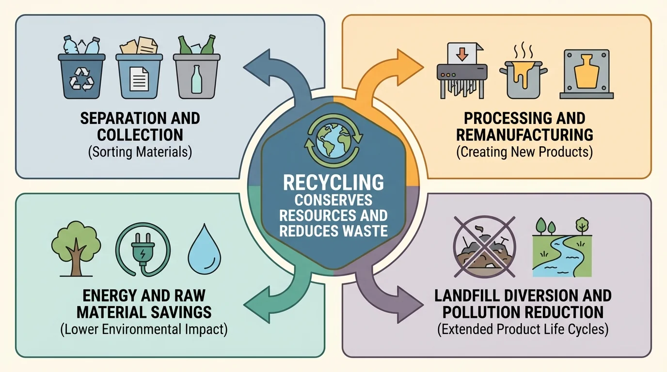 Chart showing one main idea in the center with four supporting details from a class discussion about recycling