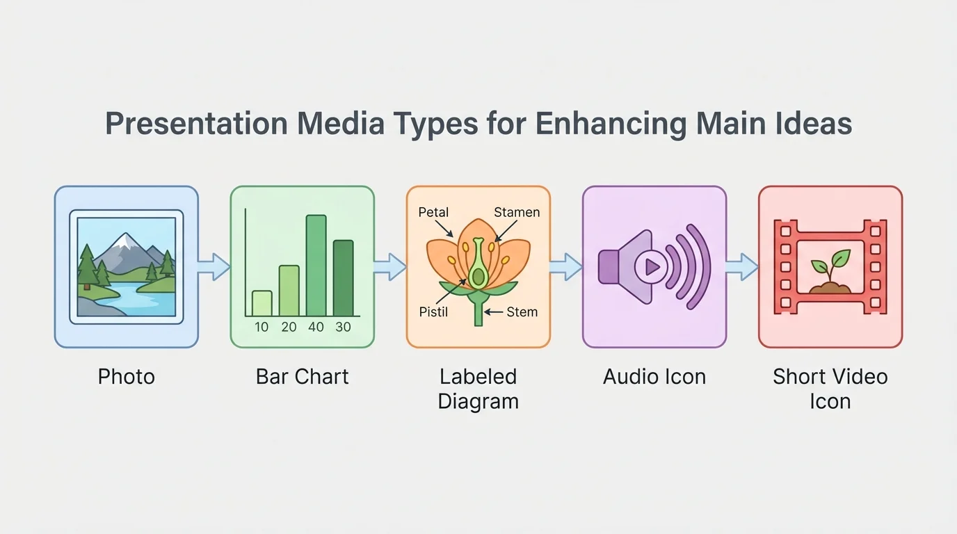 comparison of presentation media types including photo, bar chart, labeled diagram, audio icon, and short video icon, each with a simple label