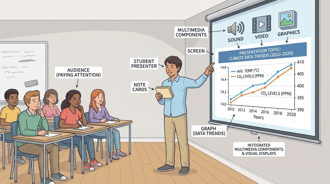 student presenter facing audience, pointing to one graph on screen, holding note cards, audience paying attention