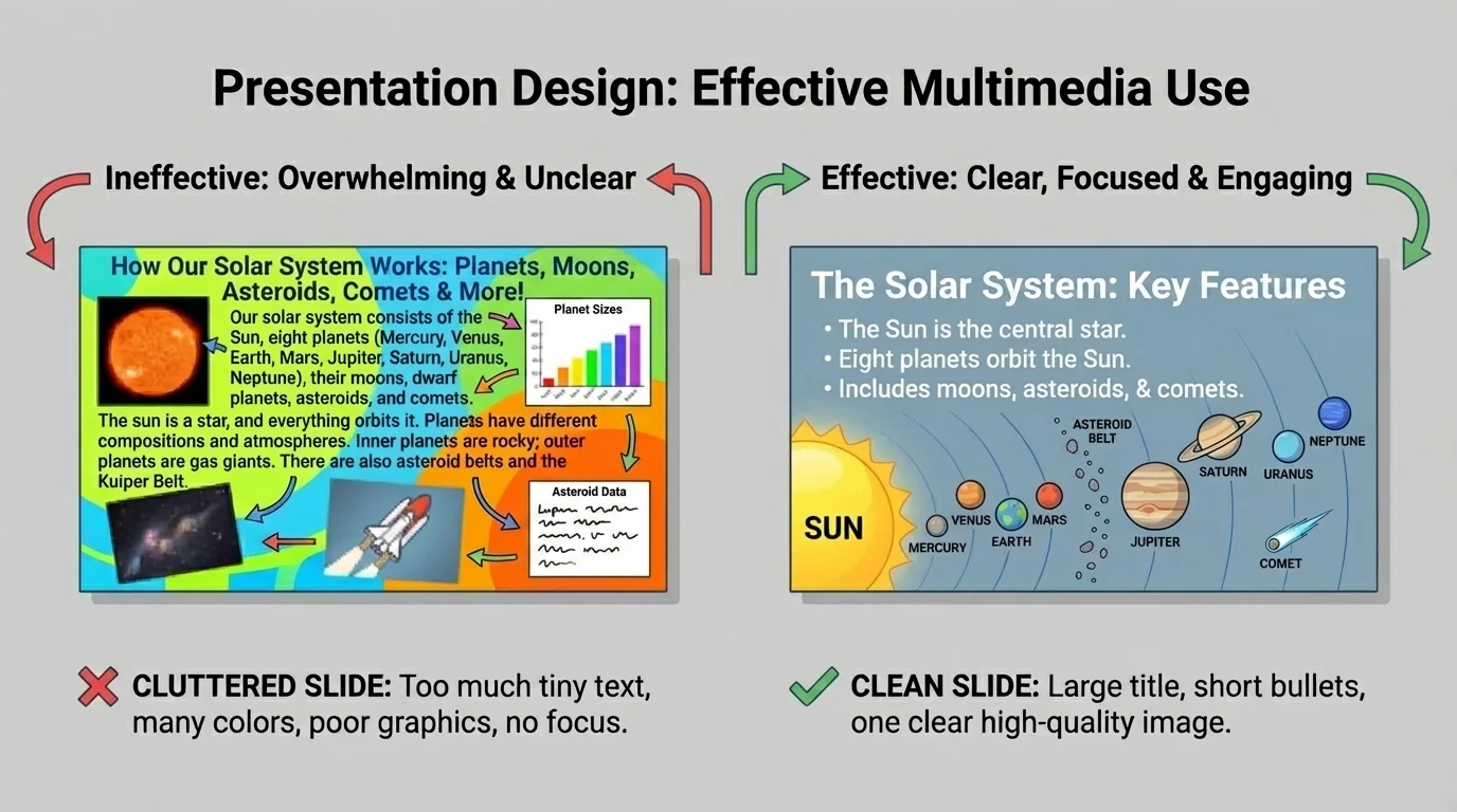 side-by-side comparison of a cluttered slide with tiny text and many colors versus a clean slide with large title, short bullets, and one clear image