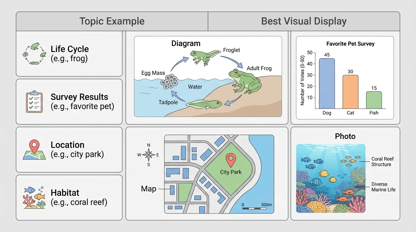 table-style visual matching topics to best visual types, such as life cycle to diagram, survey results to bar chart, location to map, habitat to photo