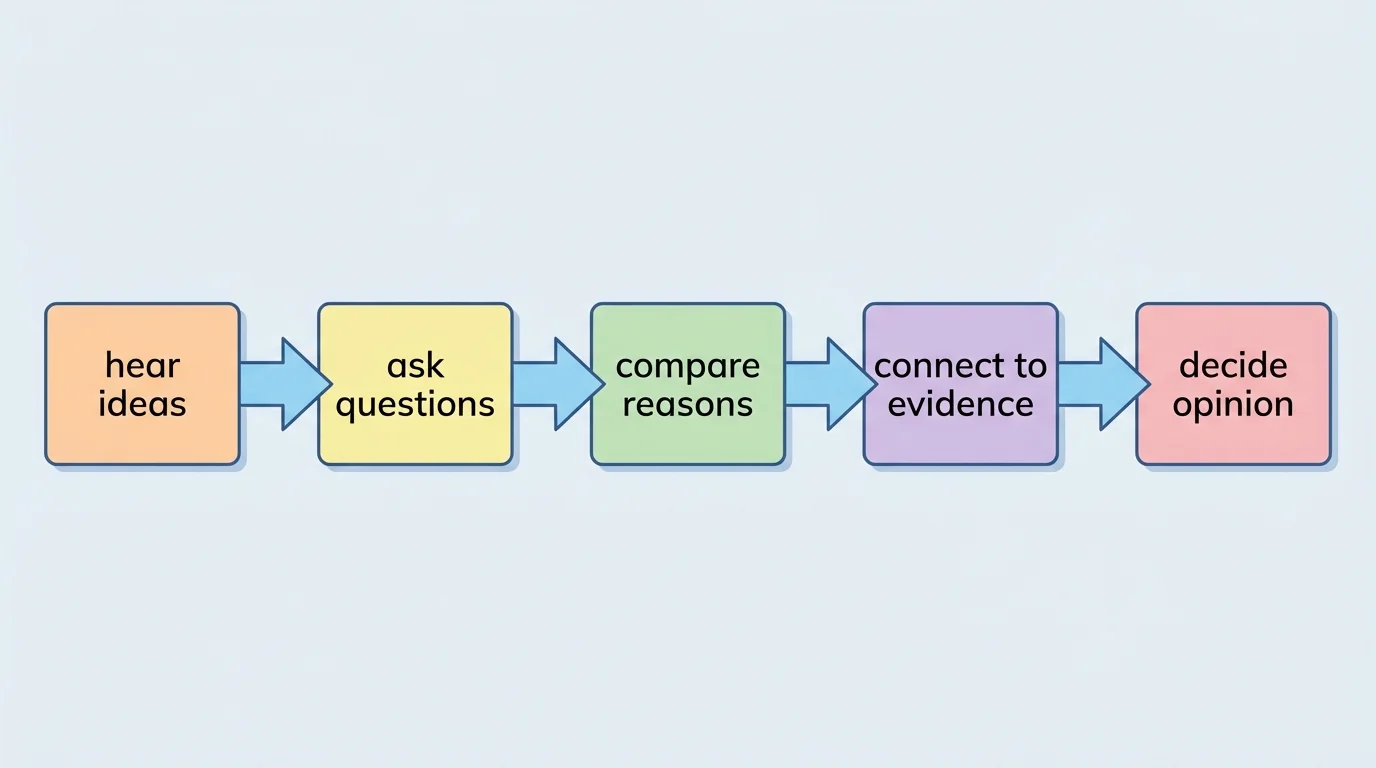 Simple flowchart with boxes labeled hear ideas, ask questions, compare reasons, connect to evidence, decide opinion