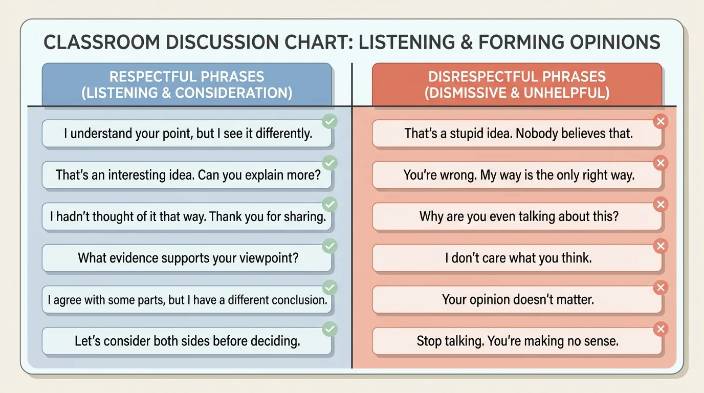 Two-column classroom discussion chart with short respectful phrases on one side and disrespectful phrases on the other