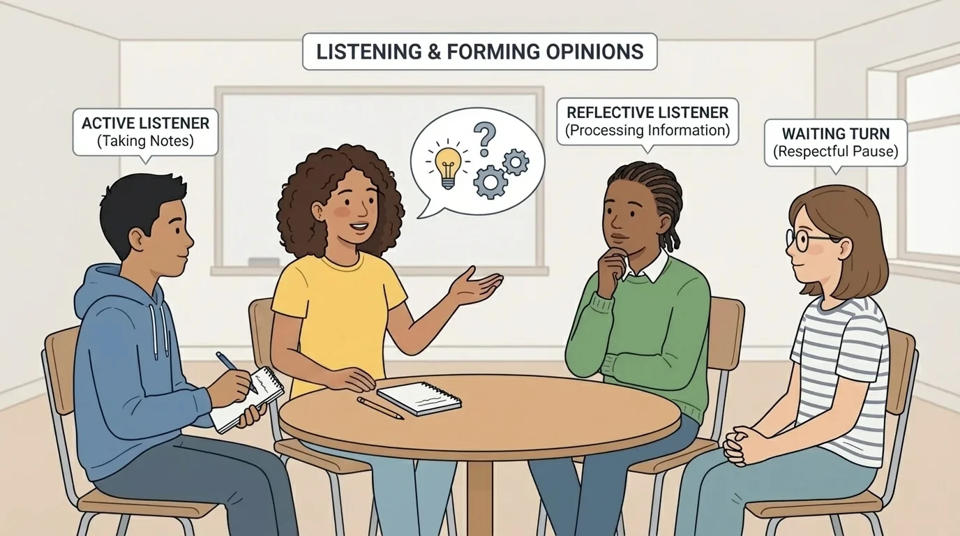 Four students in a small discussion circle, one student speaking while the others face the speaker, listen attentively, take notes, and wait their turn