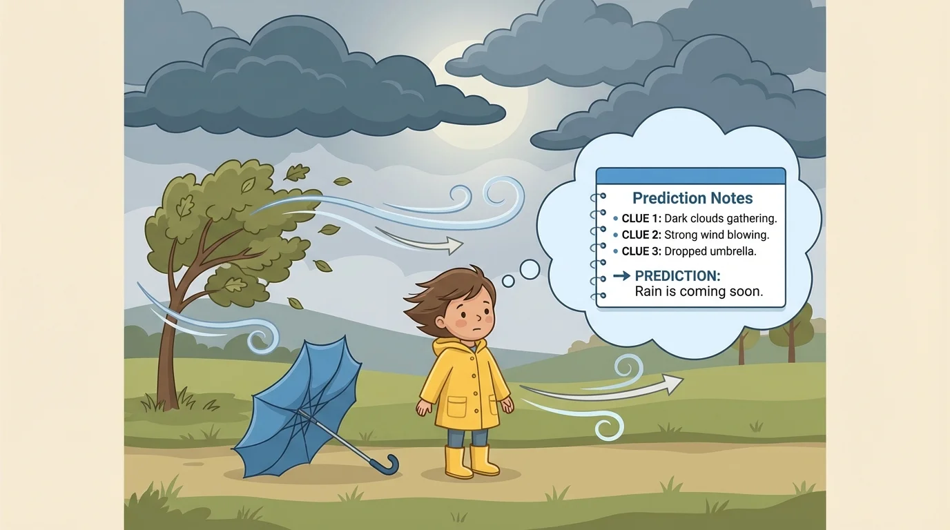child outside with dark clouds, wind, and a dropped umbrella while a note indicates a prediction that rain is coming based on story clues