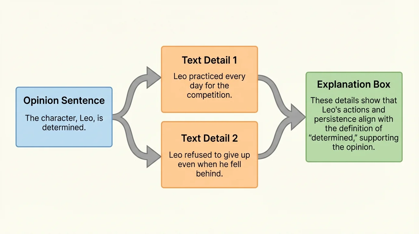 chart showing an opinion sentence about a character, two text details from a story, and arrows connecting them to an explanation box