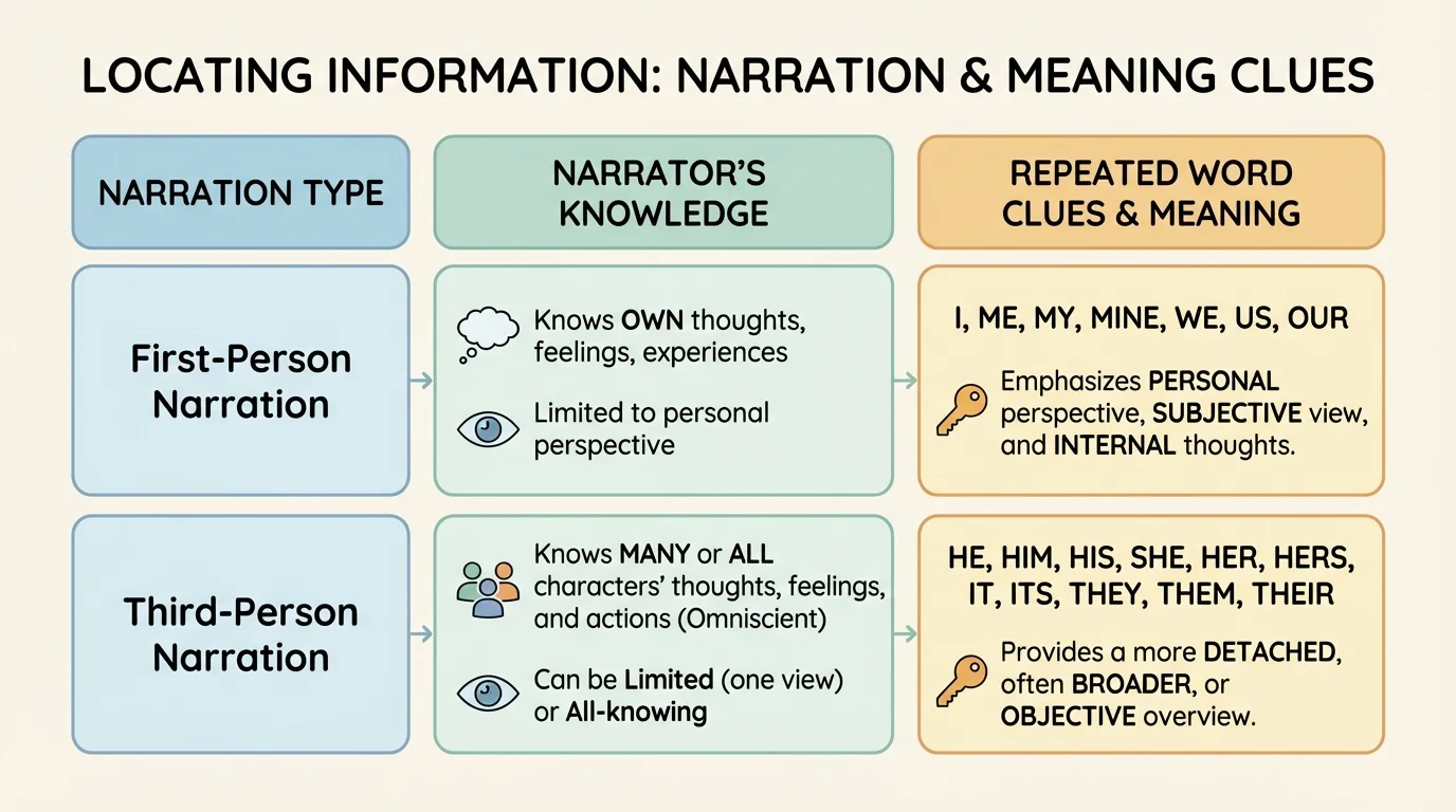 chart comparing first-person and third-person narration, with brief notes on what each narrator knows and a column showing repeated words as clues to meaning