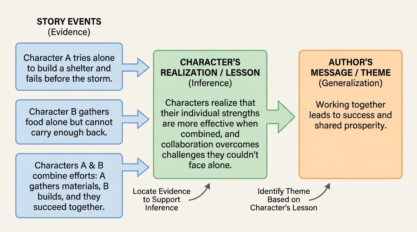 flowchart showing story events, a character lesson learned, and a final theme statement such as working together leads to success