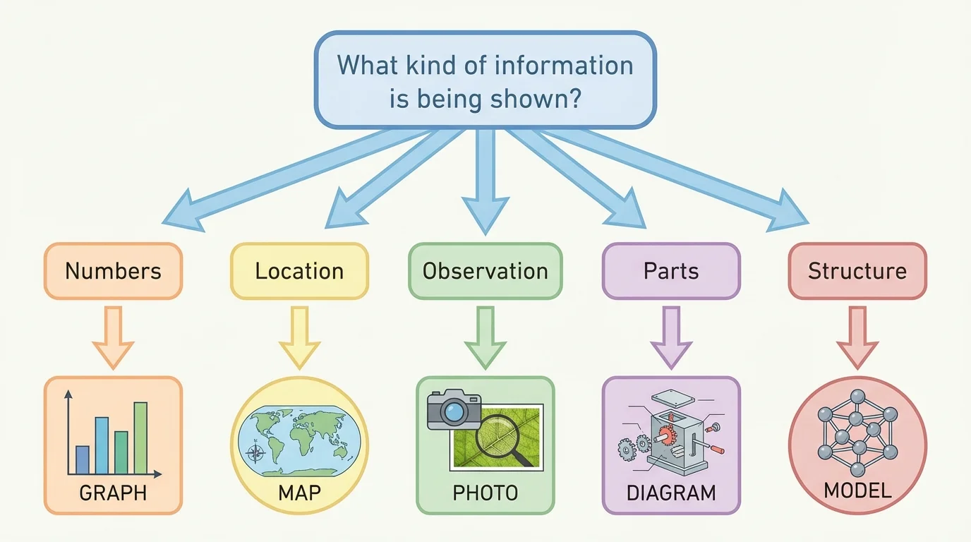 flowchart asking what kind of information is being shown and leading to graph for numbers, map for location, photo for observation, diagram for parts, model for structure