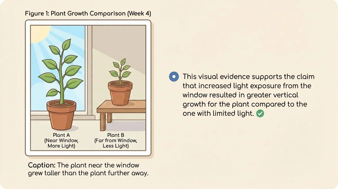 student report page with a plant photo, a caption saying plant near window grew taller, and a nearby sentence connecting the photo to the claim