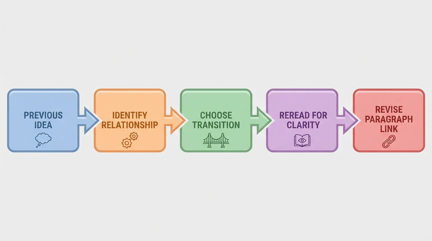 Revision flowchart with boxes reading previous idea, identify relationship, choose transition, reread for clarity, and revise paragraph link, connected by arrows