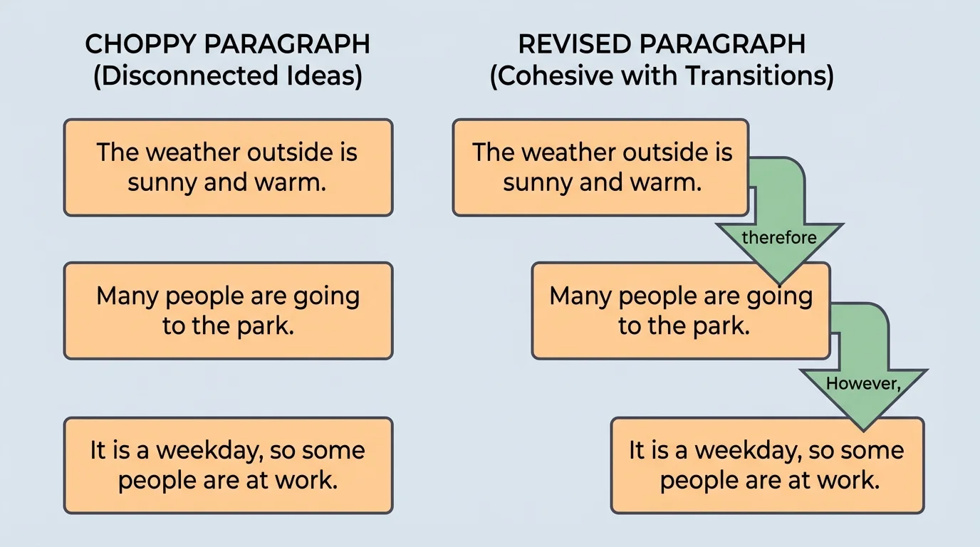 Flowchart comparing a choppy paragraph with separate sentence boxes and a revised paragraph with arrows labeled with short transitions such as however, for example, and therefore linking the ideas