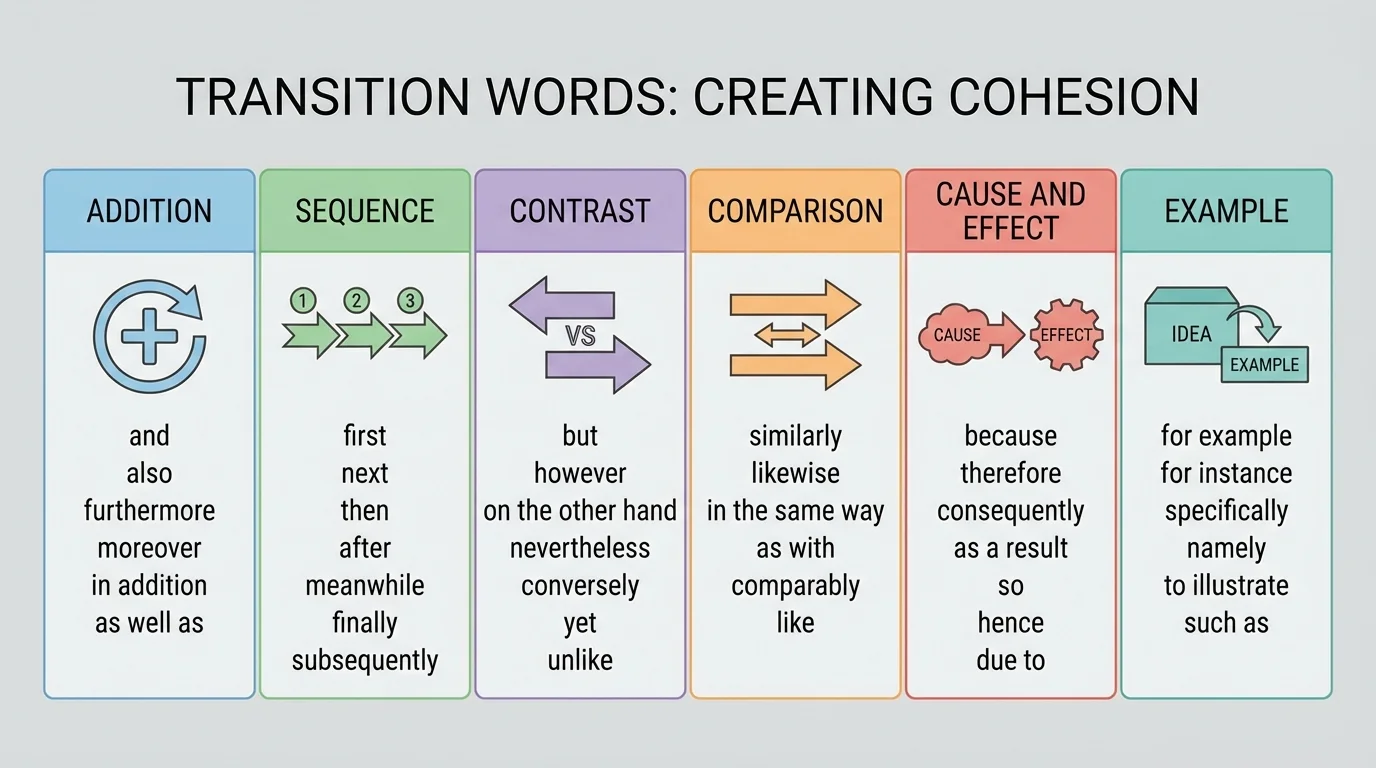 Chart with six labeled columns for addition, sequence, contrast, comparison, cause and effect, and example, each containing short sample transition words and a simple arrow icon showing the relationship