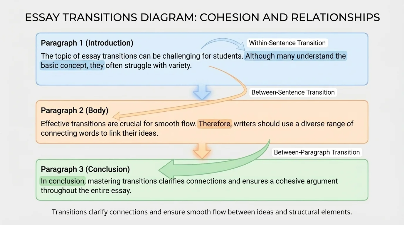 Diagram of a short three-paragraph essay with color highlights marking a within-sentence transition, a between-sentence transition, and a between-paragraph transition, with arrows showing connections