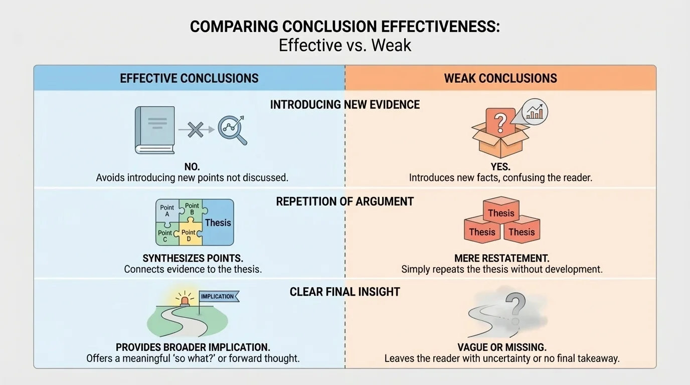 chart comparing effective conclusions with weak ones, including introducing new evidence, repetition, and clear final insight