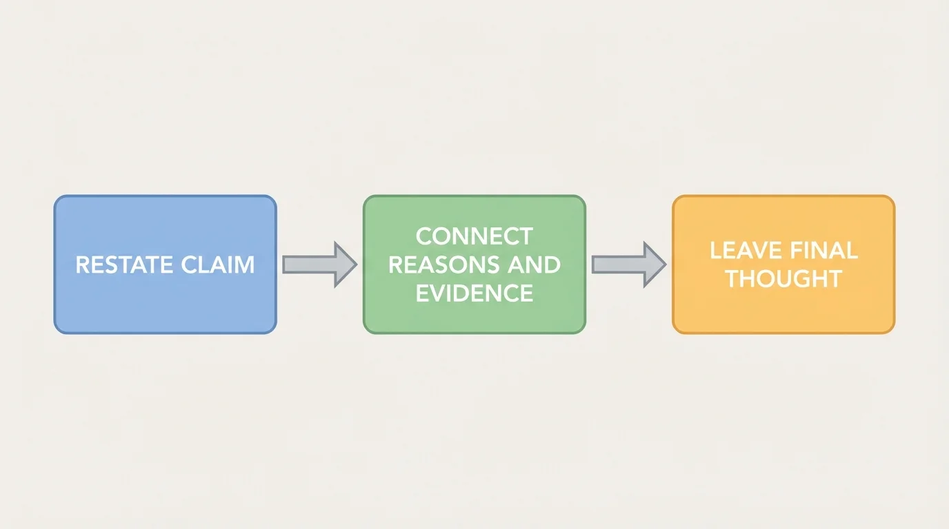 flowchart with three boxes labeled restate claim, connect reasons and evidence, leave final thought