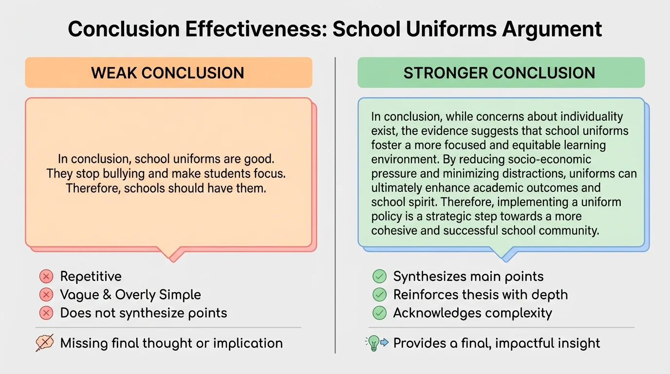 chart showing a weak school-uniform conclusion on one side and a revised stronger version on the other