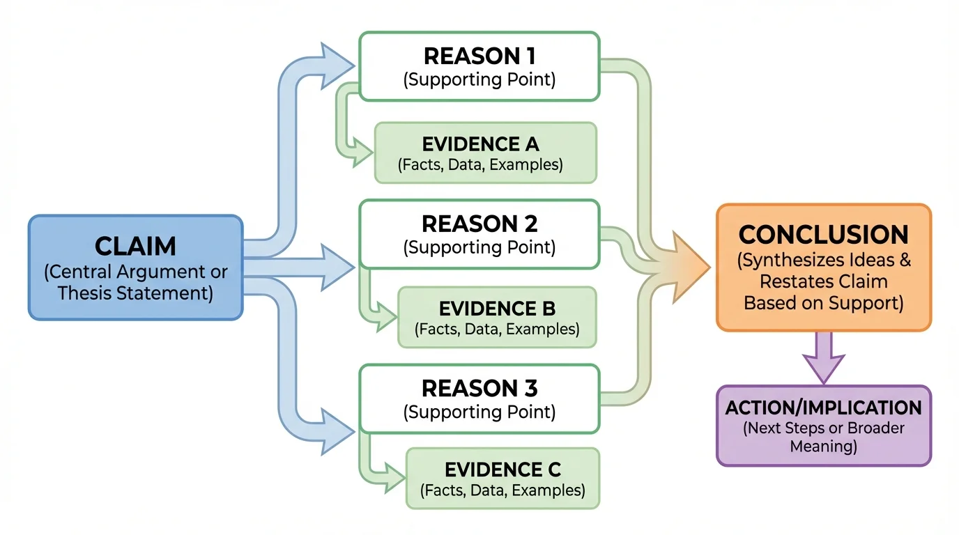 flowchart showing claim leading to reasons and evidence, ending in a conclusion that ties ideas together