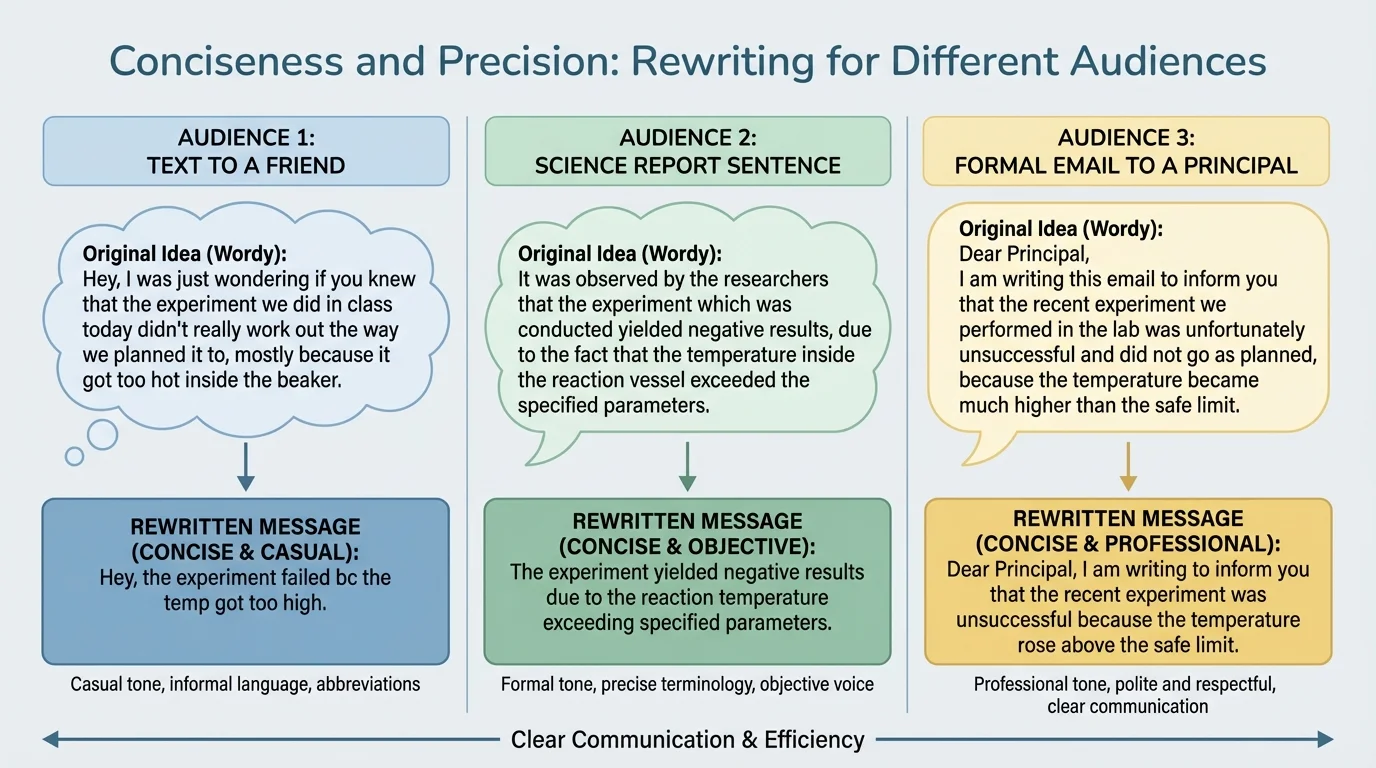 chart showing one message rewritten for three audiences—a text to a friend, a science report sentence, and a formal email to a principal