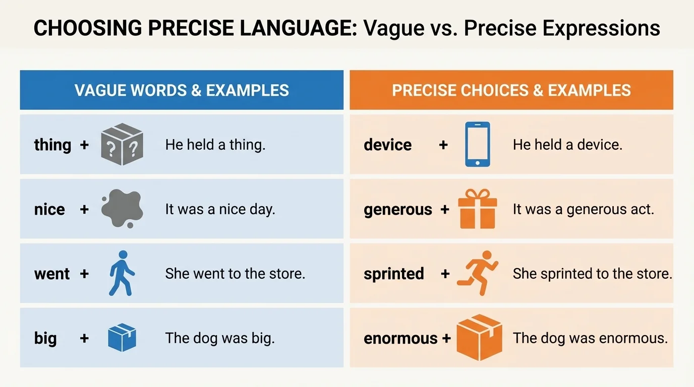 comparison chart showing vague words such as thing, nice, went, big beside more precise choices such as device, generous, sprinted, enormous with short sentence examples