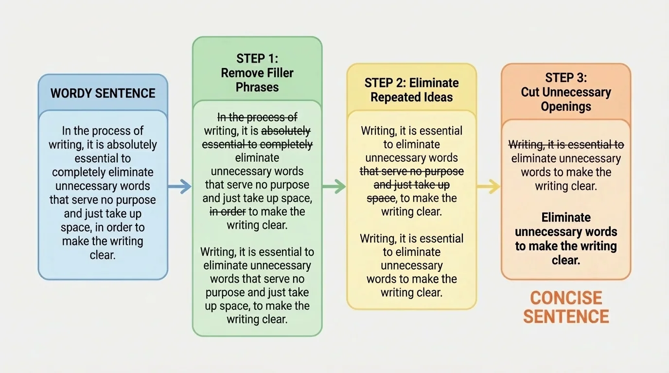 flowchart showing a wordy sentence being revised by removing filler phrases, repeated ideas, and unnecessary openings until a concise final sentence remains