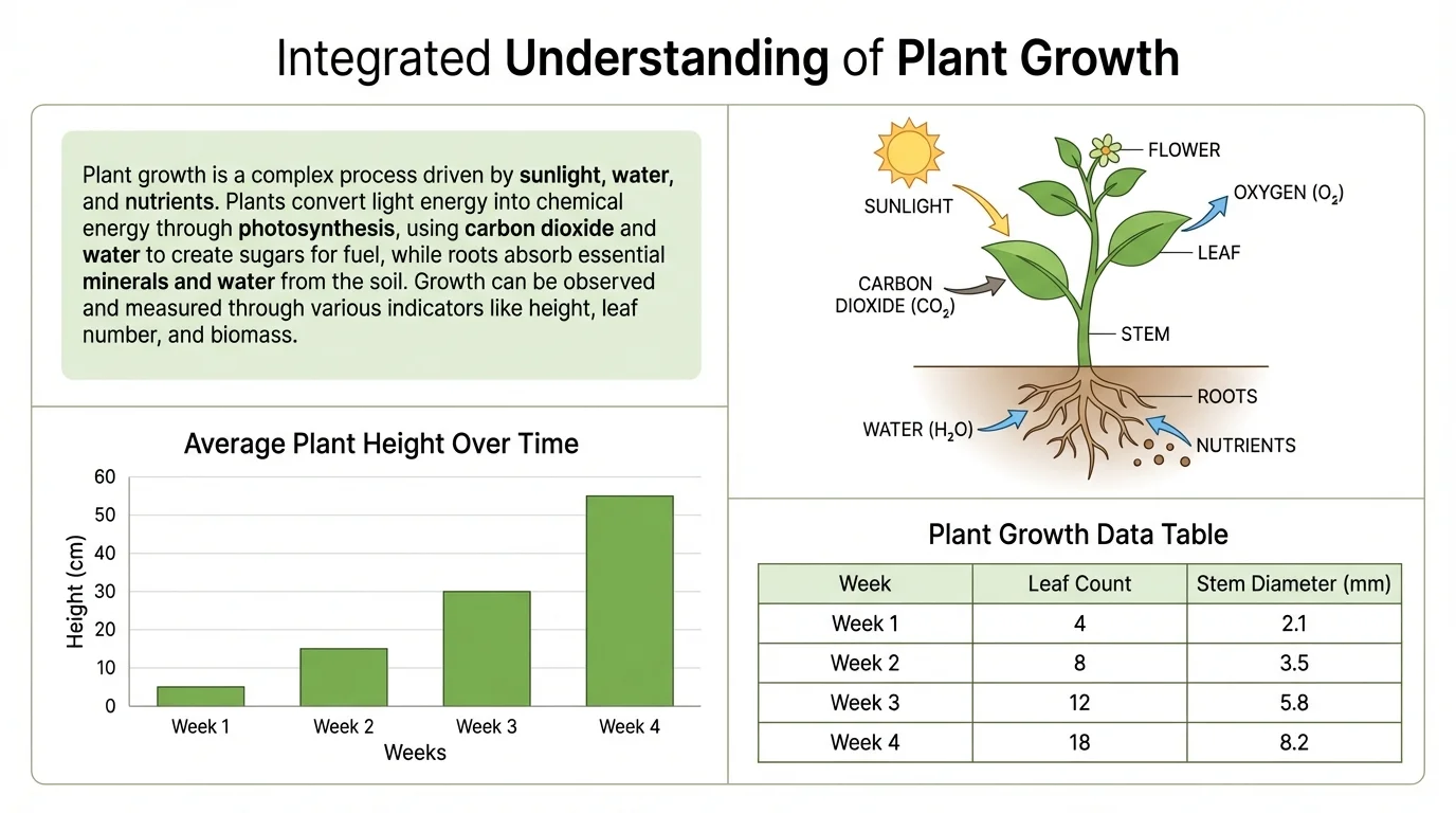 page layout showing a short paragraph, a labeled diagram, a bar graph, and a table all about plant growth