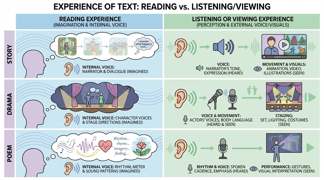 Comparison chart with rows for story, drama, and poem and columns labeled reading experience and listening or viewing experience, showing focus on imagination, voice, movement, rhythm, and staging