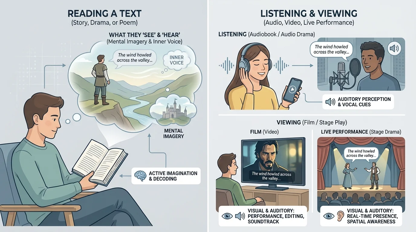Side-by-side scene comparison with an audiobook narrator at a microphone, a film actor in close-up, and stage actors under dramatic lighting performing the same line