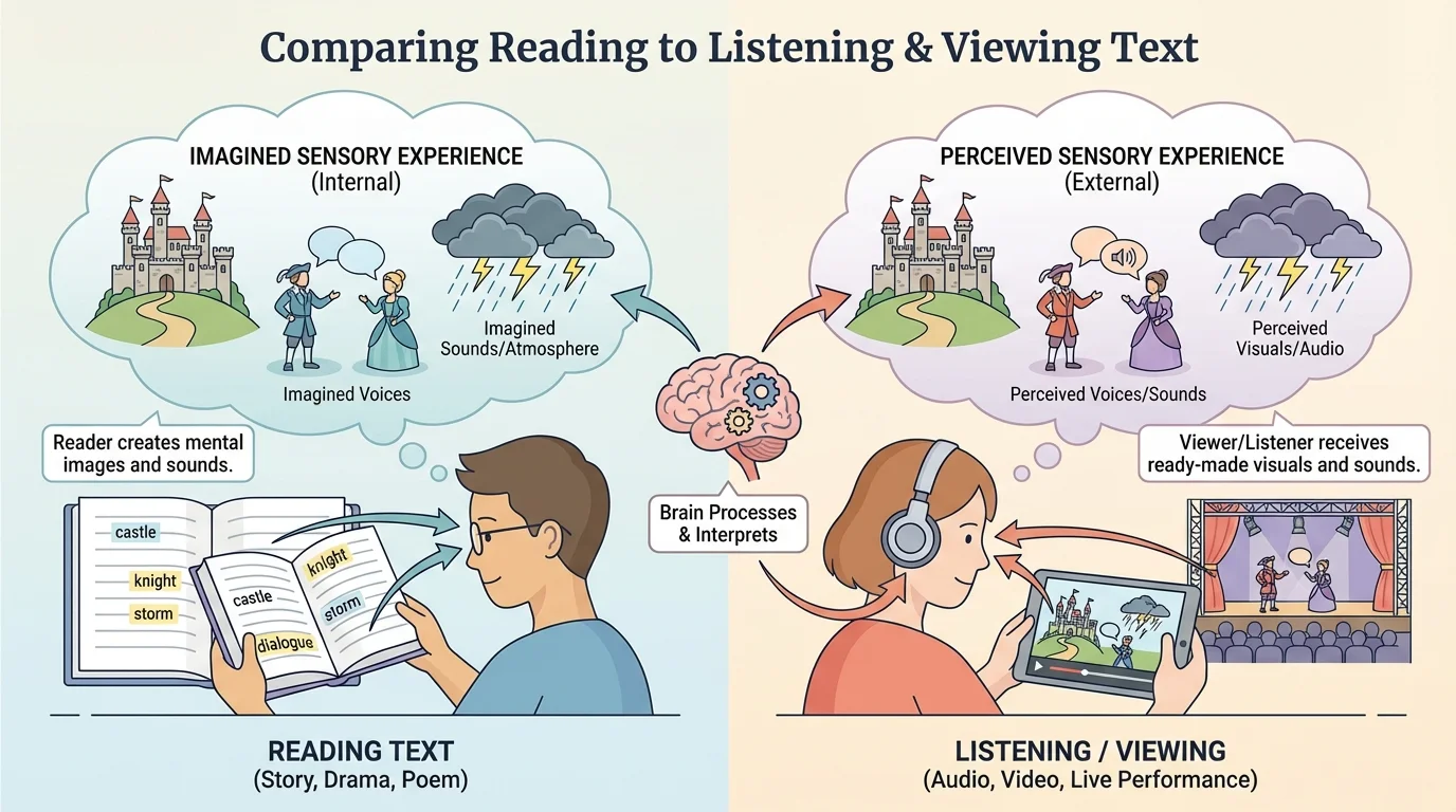 A student reading a book while imagined scenes appear above it, including a castle, characters speaking, and storm clouds to show mental pictures and sounds created from text