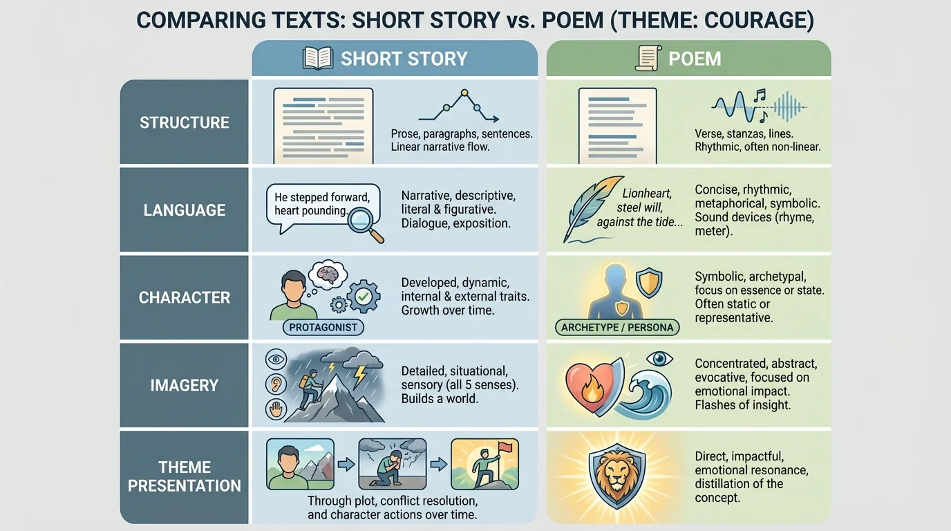 side-by-side comparison chart of a short story and a poem exploring courage, with rows for structure, language, character, imagery, and how the theme is presented