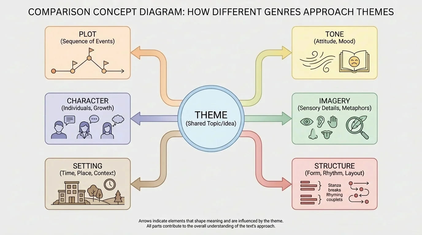 concept diagram with theme in the center and arrows connecting plot, character, setting, tone, imagery, and structure as parts that shape meaning
