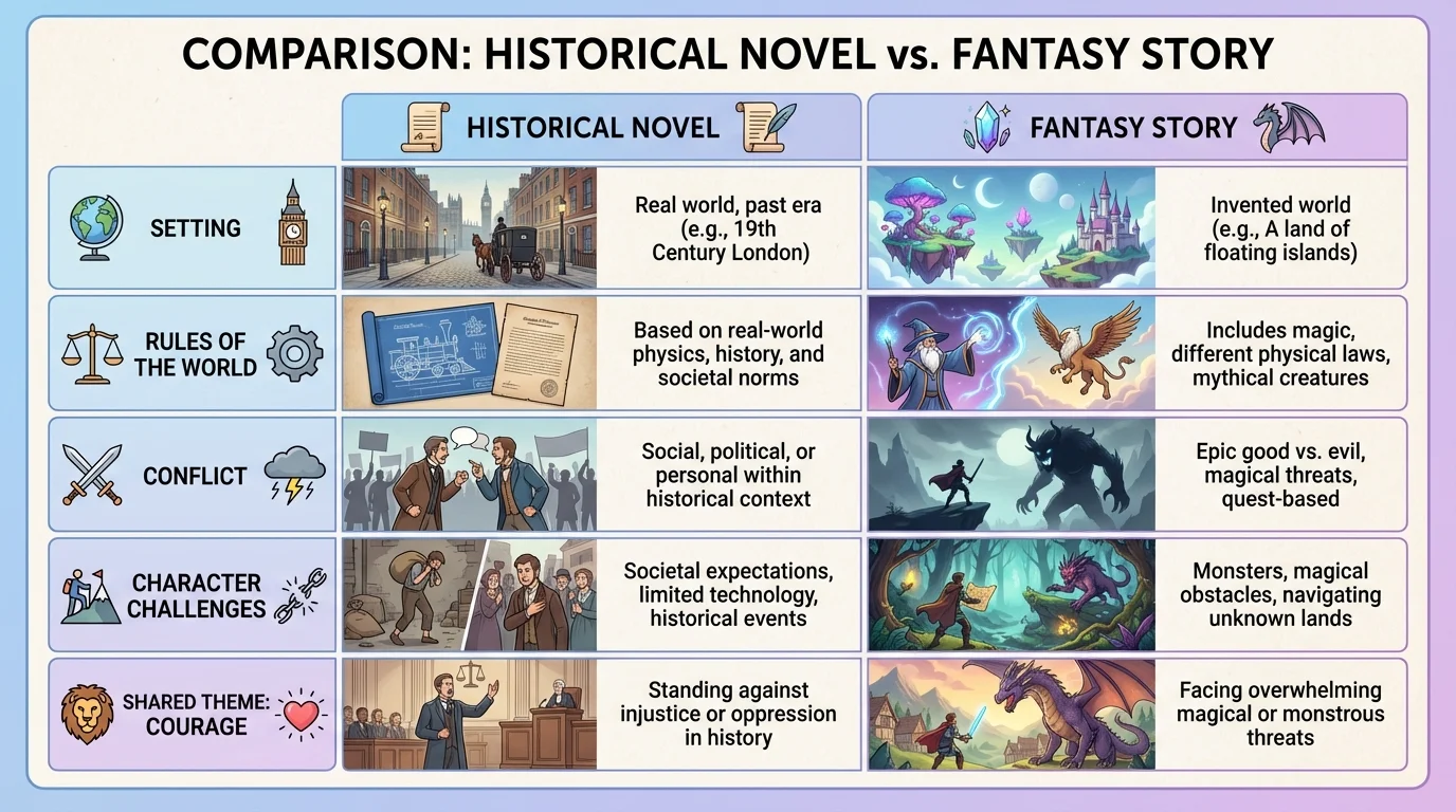 comparison chart of a historical novel and a fantasy story with rows for setting, rules of the world, conflict, character challenges, and shared theme of friendship or courage