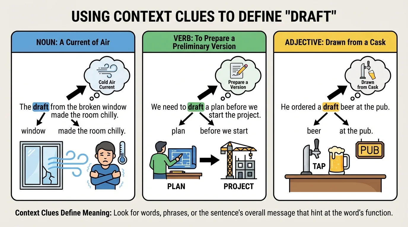 diagram showing the word "draft" used as a noun, verb, and adjective with sentence labels and arrows to clues in each sentence
