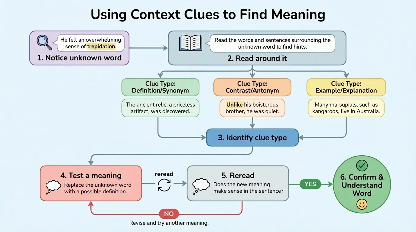 flowchart with steps notice unknown word, read around it, identify clue type, test a meaning, reread, confirm or revise
