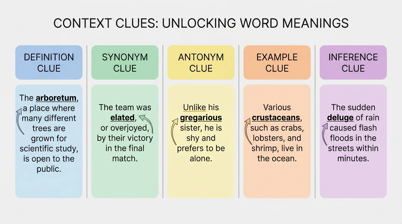 chart showing definition, synonym, antonym, example, and inference context clues with one short sample sentence each