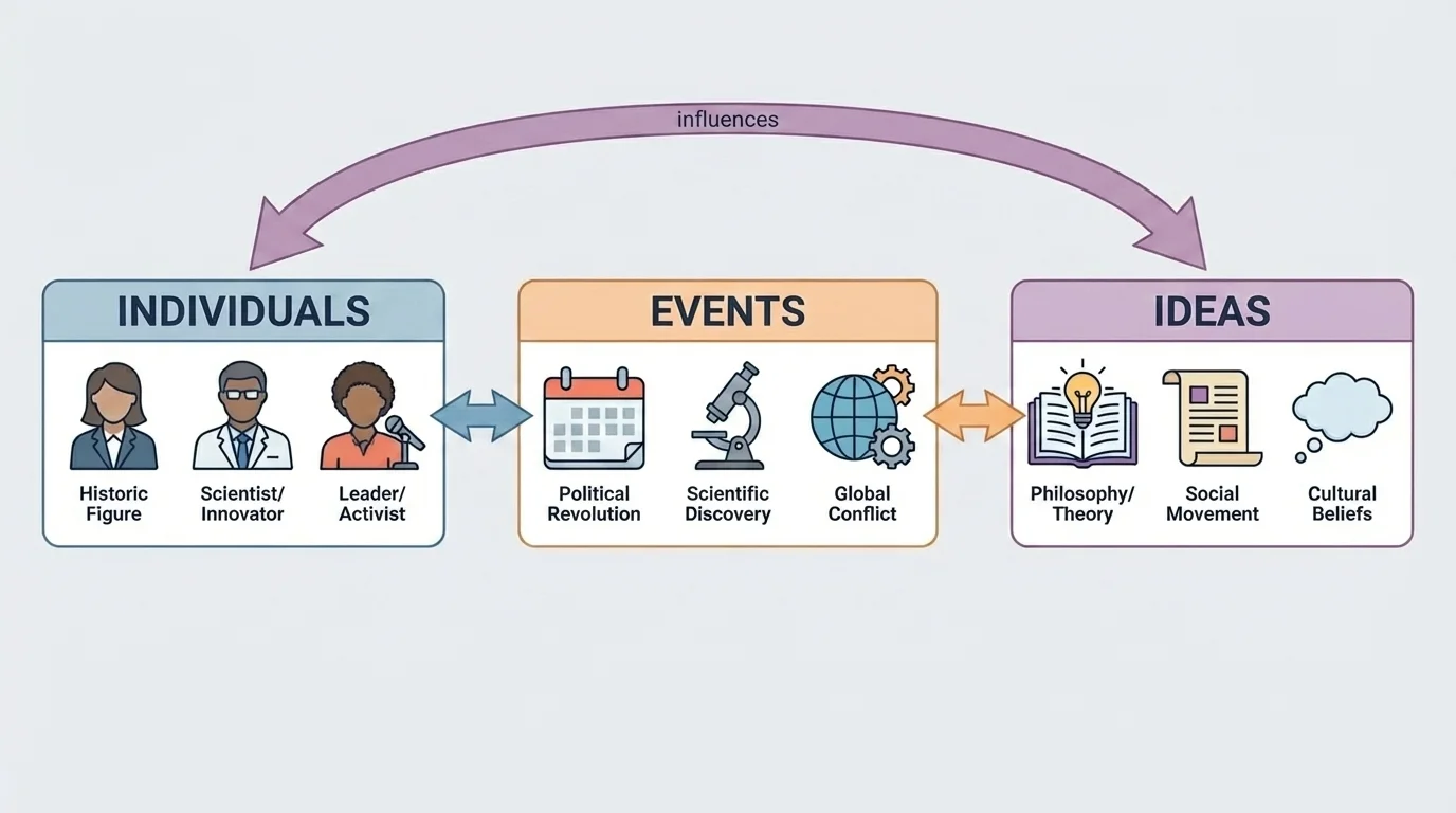 three labeled columns for individuals, events, and ideas with arrows showing how each can influence the others