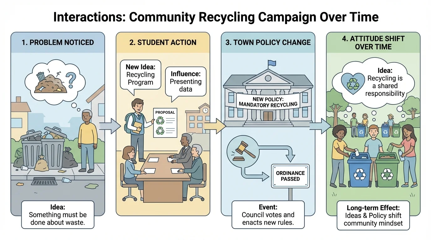 community recycling campaign showing problem noticed, student action, town policy change, and attitude shift over time