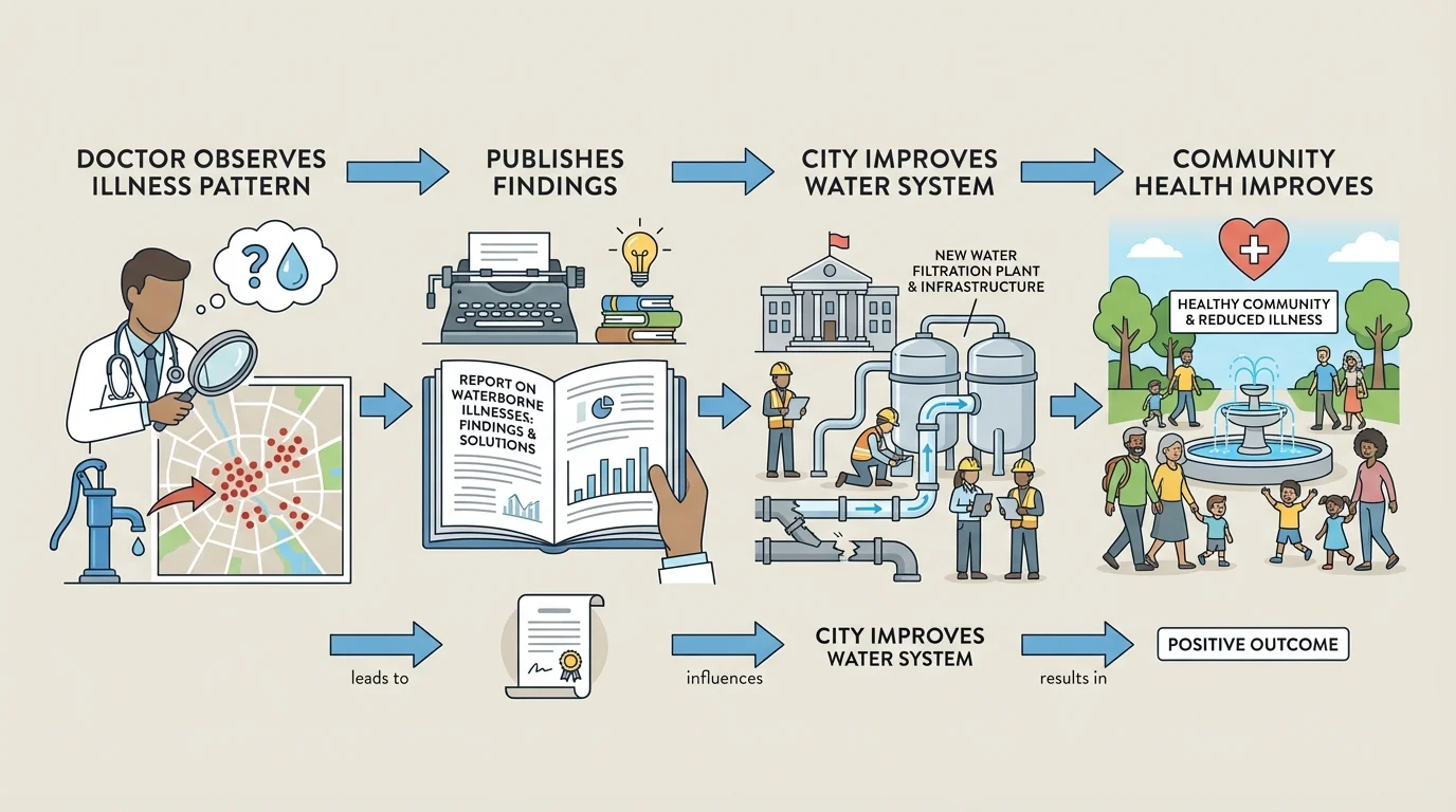 doctor observes illness pattern, publishes findings, city improves water system, community health improves