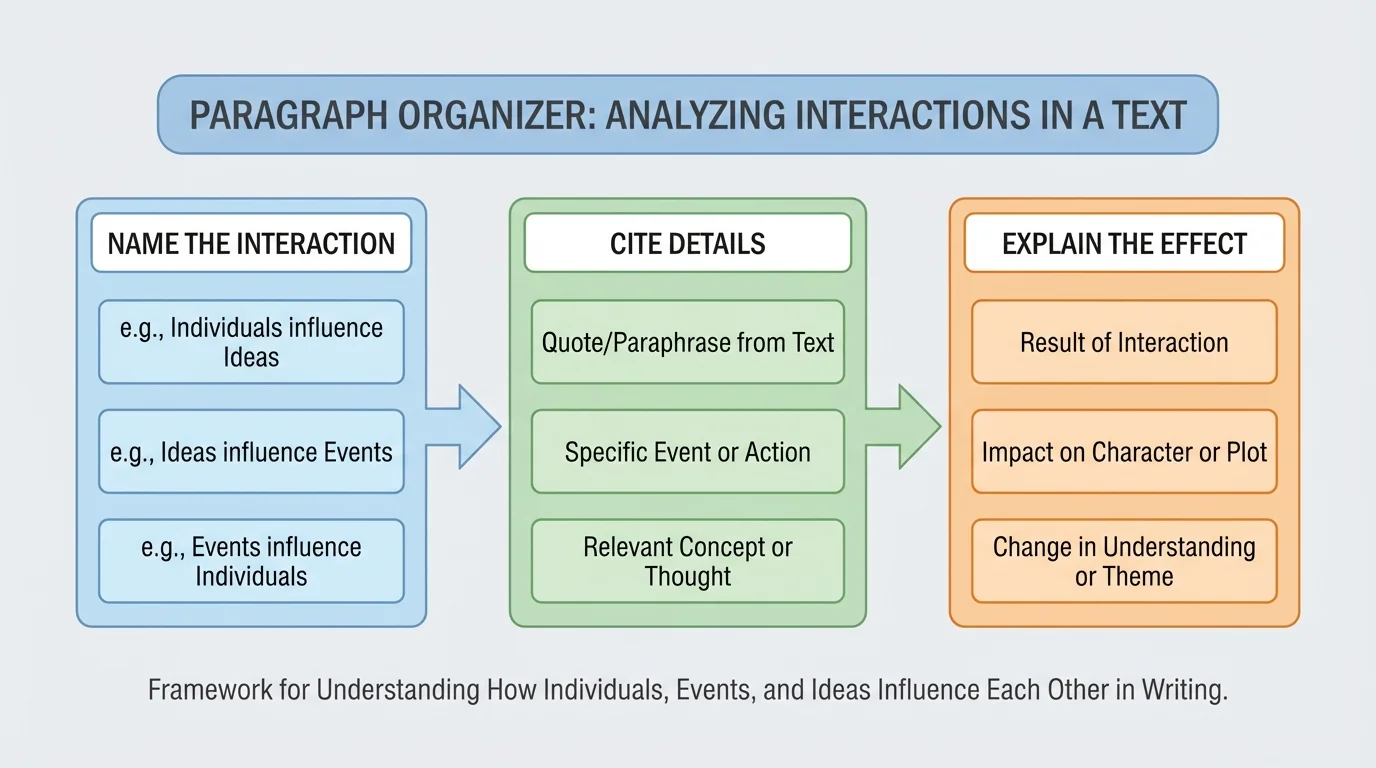 paragraph organizer with boxes labeled name the interaction, cite details, explain the effect
